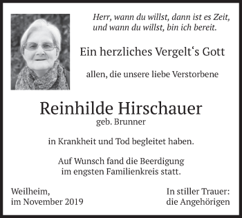 Todesanzeige von Reinhilde Hirschauer von merkurtz