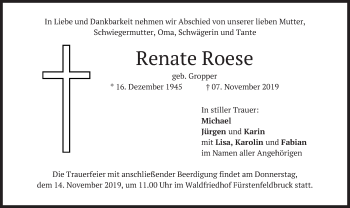 Todesanzeige von Renate Roese von merkurtz