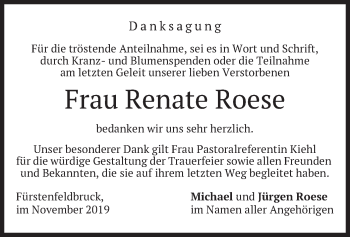 Todesanzeige von Renate Roese von merkurtz