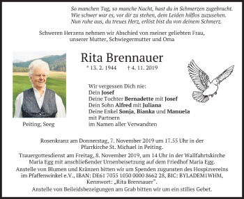 Todesanzeige von Rita Brennauer von merkurtz