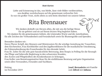 Todesanzeige von Rita Brennauer von merkurtz