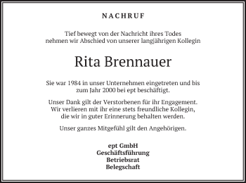 Todesanzeige von Rita Brennauer von merkurtz