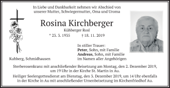 Todesanzeige von Rosina Kirchberger von merkurtz