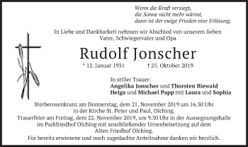 Todesanzeige von Rudolf Jonscher von merkurtz