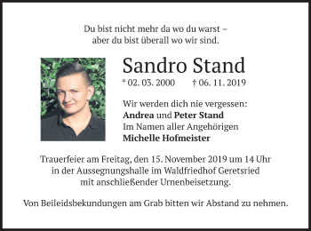 Todesanzeige von Sandro Stand von merkurtz