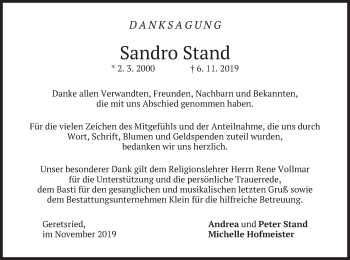 Todesanzeige von Sandro Stand von merkurtz