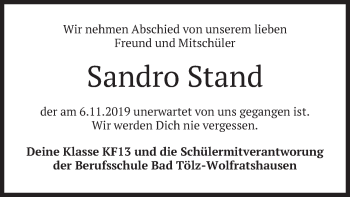 Todesanzeige von Sandro Stand von merkurtz