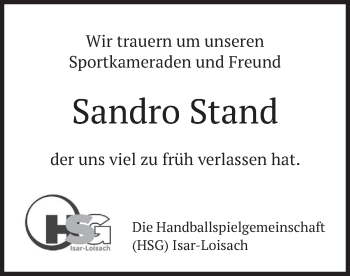 Todesanzeige von Sandro Stand von merkurtz