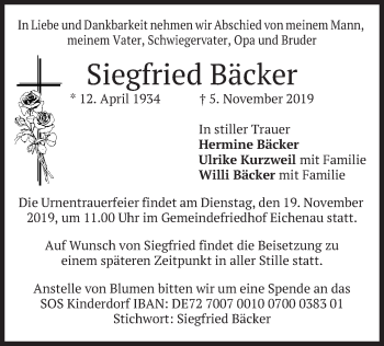 Todesanzeige von Siegfried Bäcker von merkurtz