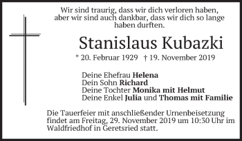 Todesanzeige von Stanislaus Kubazki von merkurtz