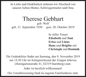 Todesanzeige von Therese Gebhart von merkurtz