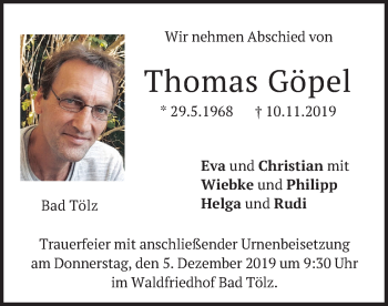 Todesanzeige von Thomas Göpel von merkurtz