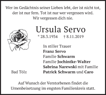 Todesanzeige von Ursula Servo von merkurtz