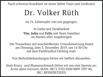 Todesanzeige von Volker Rüth von merkurtz