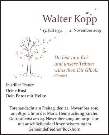 Todesanzeige von Walter Kopp von merkurtz