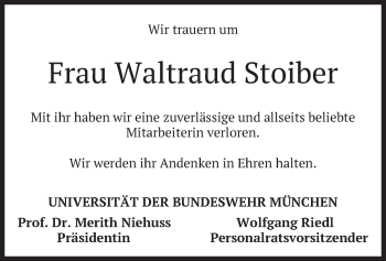 Todesanzeige von Waltraud Stoiber von merkurtz