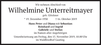 Todesanzeige von Wilhelmine Unterreitmayer von merkurtz