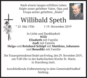 Todesanzeige von Willibald Speth von merkurtz