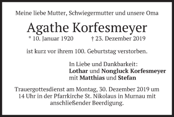 Todesanzeige von Agathe Korfesmeyer von merkurtz