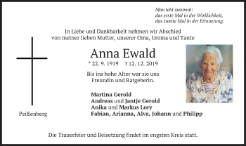 Todesanzeige von Anna Ewald von merkurtz