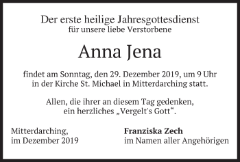Todesanzeige von Anna Jena von merkurtz