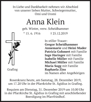 Todesanzeige von Anna Klein von merkurtz