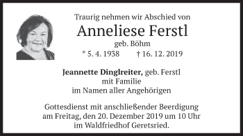 Todesanzeige von Anneliese Ferstl von merkurtz