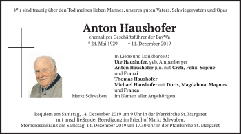 Todesanzeige von Anton Haushofer von merkurtz
