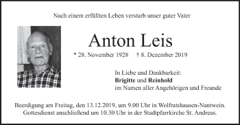 Todesanzeige von Anton Leis von merkurtz
