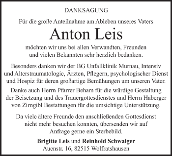 Todesanzeige von Anton Leis von merkurtz