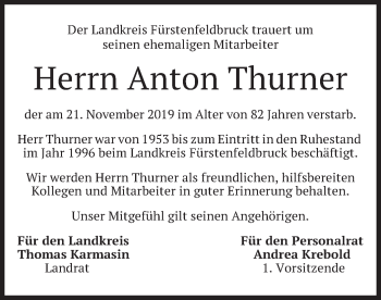 Todesanzeige von Anton Thurner von merkurtz