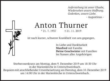 Todesanzeige von Anton Thurner von merkurtz