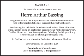 Todesanzeige von Arthur Bassing von merkurtz