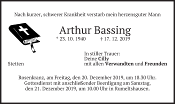 Todesanzeige von Arthur Bassing von merkurtz