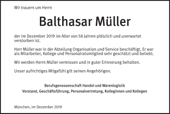 Todesanzeige von Balthasar Müller von merkurtz