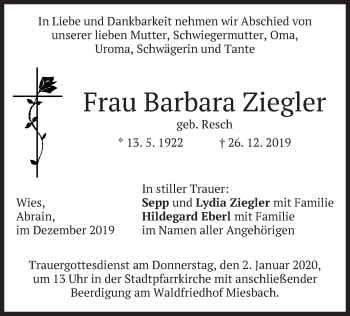 Todesanzeige von Barbara Ziegler von merkurtz