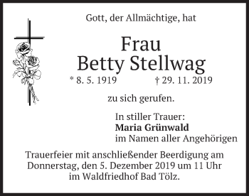 Todesanzeige von Betty Stellwag von merkurtz