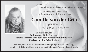 Todesanzeige von Camilla von der Grün von merkurtz