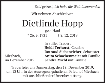 Todesanzeige von Dietlinde Hopp von merkurtz