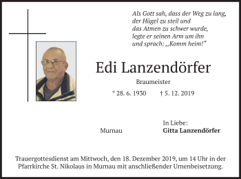 Todesanzeige von Edi Lanzendörfer von merkurtz