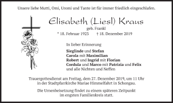 Todesanzeige von Elisabeth Kraus von merkurtz