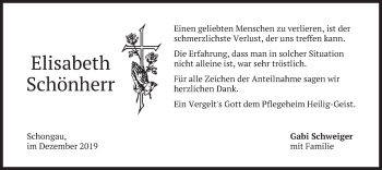 Todesanzeige von Elisabeth Schönherr von merkurtz