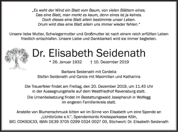 Todesanzeige von Elisabeth Seidenath von merkurtz