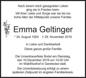 Todesanzeige von Emma Geltinger von merkurtz