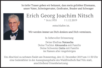 Todesanzeige von Erich Georg Joachim Nitsch von merkurtz
