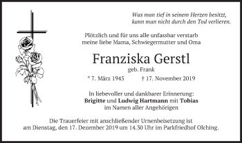 Todesanzeige von Franziska Gerstl von merkurtz