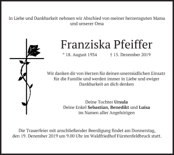 Todesanzeige von Franziska Pfeiffer von merkurtz