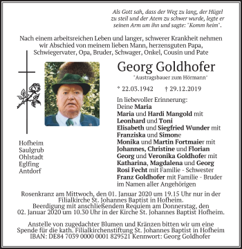 Todesanzeige von Georg Goldhofer von merkurtz