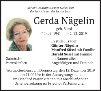 Todesanzeige von Gerda Nägelin von merkurtz