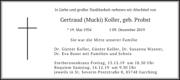 Todesanzeige von Gertraud Koller von merkurtz